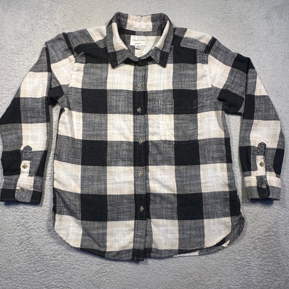 American Eagle Boyfriend Fit Buffalo Plaid Flannel Shirt Womens S Black White